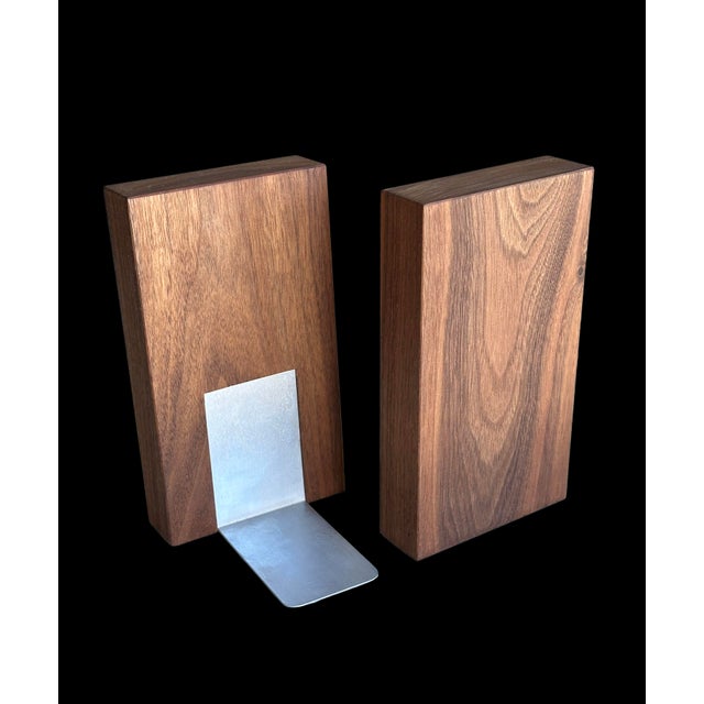 Mid-Century, Danish modern, walnut and aluminum bookends. Excellent condition. Block of walnut: 7 x 4 x 1.25 4.25 depth...