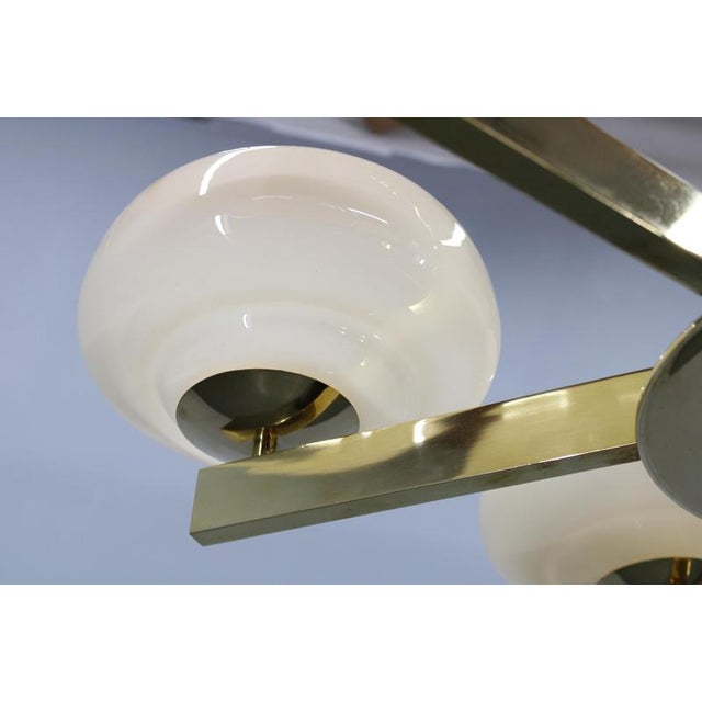 Art Deco Brass Chandelier with Opaline Glass, Czechoslovakia, 1930s For Sale - Image 12 of 15