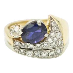 Modernist Tanzanite Diamond Two Tone White and Yellow Gold Cocktail Ring size 7.25