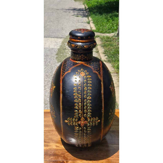 Ceramic Vintage Hand-Painted Blackware Pottery Bottle Vase With Floral Folk Art Motif For Sale - Image 7 of 18