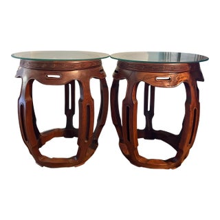 Mid 20th Century Vintage Chinoiserie Hardwood Drum Stools or Tables With Marble and Glass Tops - A Pair For Sale