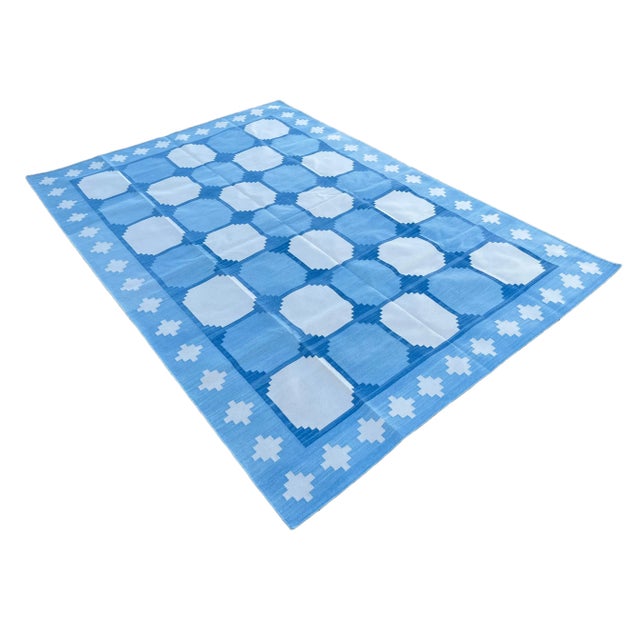 Mid-Century Modern Handmade Cotton Area Rug Vegetable Dyed Sky Blue and White Vista Rug-6'x9' For Sale - Image 3 of 11