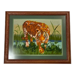 1970s Americana Folk Art Hollywood Regency Bengal Tiger Framed Needlepoint Under Glass