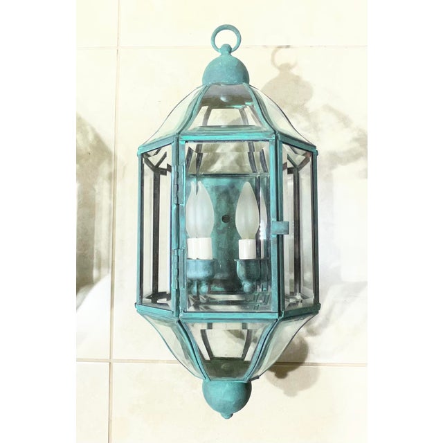 American Pair of Vintage Solid Brass & Beveled Glass Wall Lantern - Sconces - Verdigris For Sale - Image 3 of 17