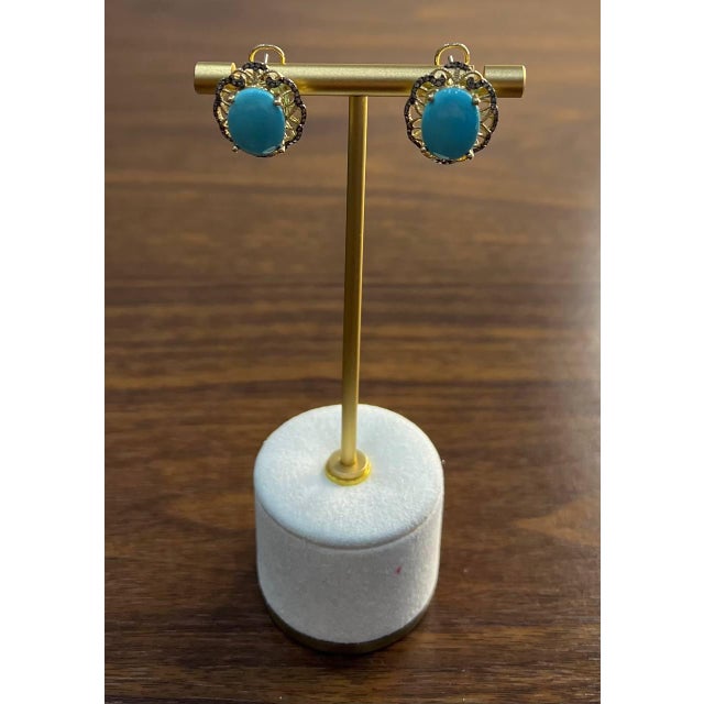 Blue Blue Teal Turquoise Diamonds Lattice 14k Yellow Gold Statement Earrings - Set of 2 For Sale - Image 8 of 12