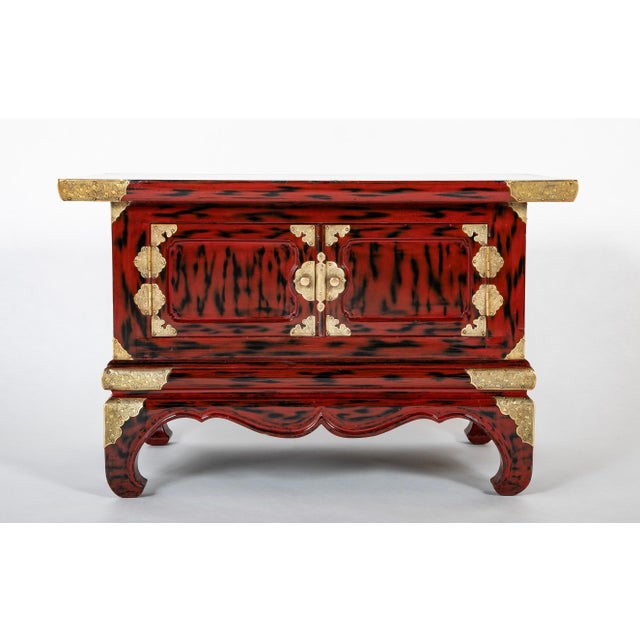 Paint Pair Japanese Red and Black Lacquer Side Tables With Etched Brass Mounts For Sale - Image 7 of 12
