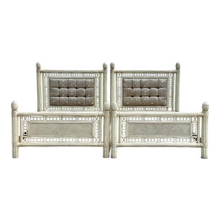 Vintage Coastal Lane Excursions Tufted Queen Bamboo Beds - a Pair For Sale