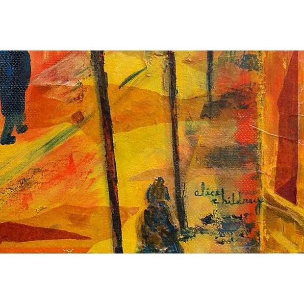 Post-Impressionist oil collage of a view of New Orlean's French Quarter with figures walking beneath Vintage wrought-iron...