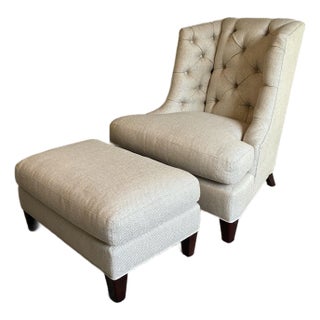 Late 20th Century Baker Furniture Tufted Wing Chair With Matching Ottoman For Sale