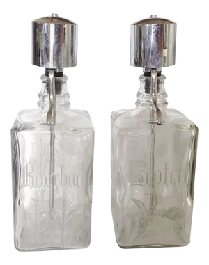 Bourbon and Scotch Etched Glass Liquor Dispensers - a Pair