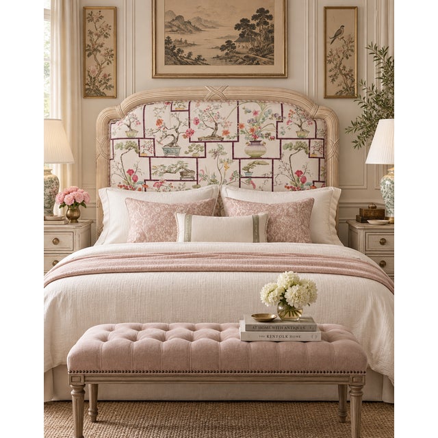 A striking vintage king-size headboard combining an architectural carved frame with an elaborate Asian-inspired silk...