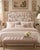 A striking vintage king-size headboard combining an architectural carved frame with an elaborate Asian-inspired silk...