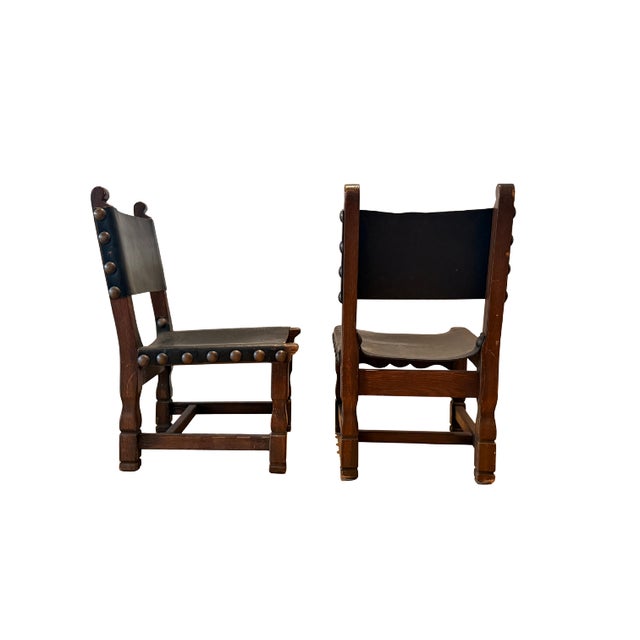 Rustic European Pair of Vintage Spanish Brutalist Leather & Oak Accent Chairs For Sale - Image 3 of 13