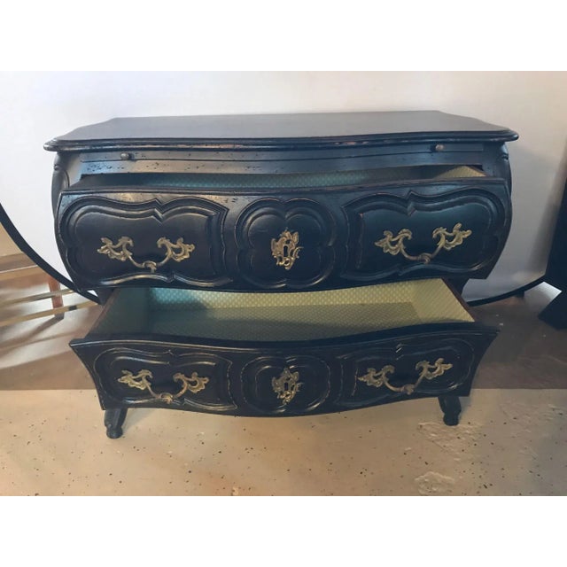 Black Distressed Bombe Commode With Bronze Mounts and Pull-Out Tray Top For Sale - Image 4 of 11