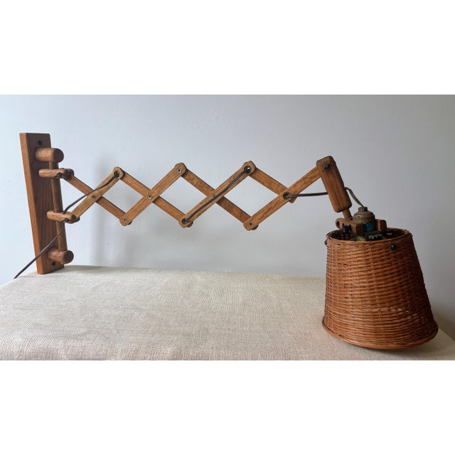 Vintage Wood Scissor Lamp Danish Style W/ Wicker Shade For Sale In San Diego - Image 6 of 15