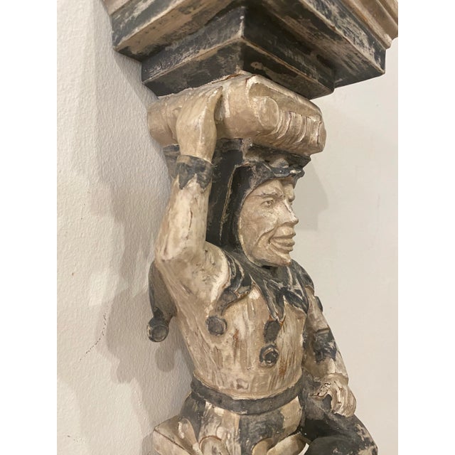 Wood Vintage Primitive Wood Jester Corbel Wall Sconces Original Chippy Paint -A Pair For Sale - Image 7 of 12