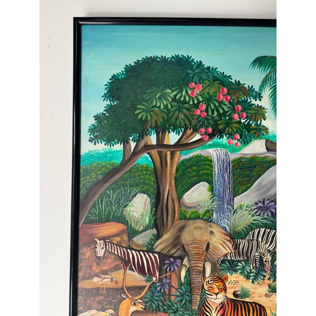 1970s 1970’s Vintage Haitian Naïve Tropical Jungle Landscape Oil on Canvas Painting by J. Remy Etienne For Sale - Image 5 of 11