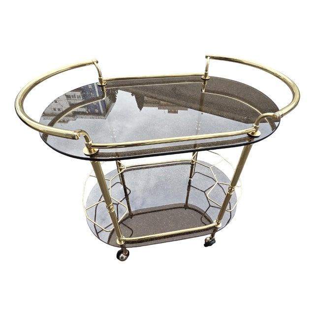 Oval Bar Trolley in Smoked Glass and Brass, 1970s For Sale