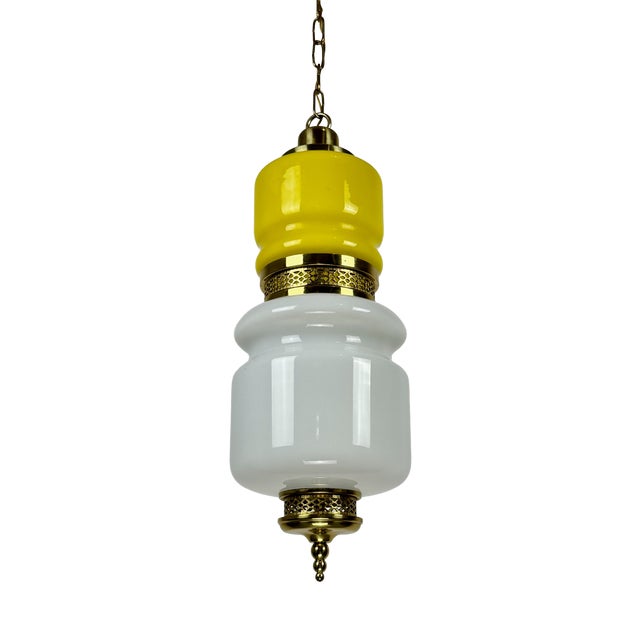 Mid-Century Yellow and White Glass and Brass Pendant Lamp, Italy, 1960s For Sale
