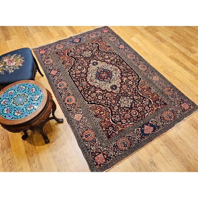 Vintage Kashan Rug, Hand-Knotted Wool, Floral Pattern, Navy & Ivory, 5x7 For Sale - Image 11 of 18