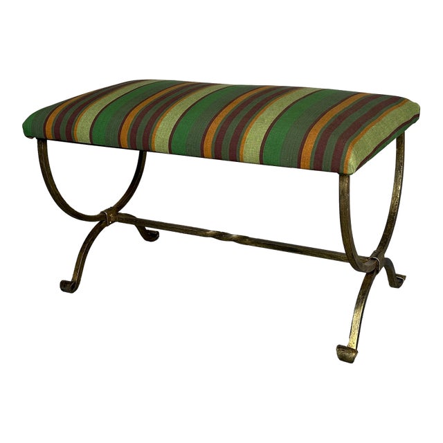 Hand-Forged Spanish Style Gilt Iron Bench With Striped Cotton Linen Seat For Sale