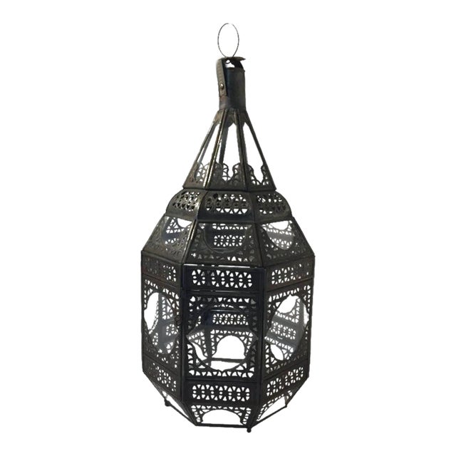 Moroccan Moorish Metal and Clear Glass Candle Lantern For Sale