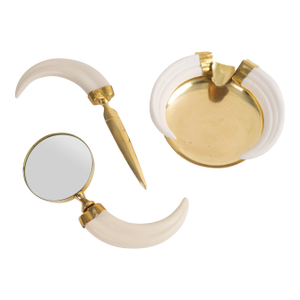 Vintage Italian Brass & White Horn Desk Set - Ashtray, Magnifying Glass & Letter Opener