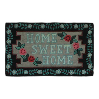 Antique Hooked Rug With “Home Sweet Home” Quote & Flowers - Rug & Kilim For Sale