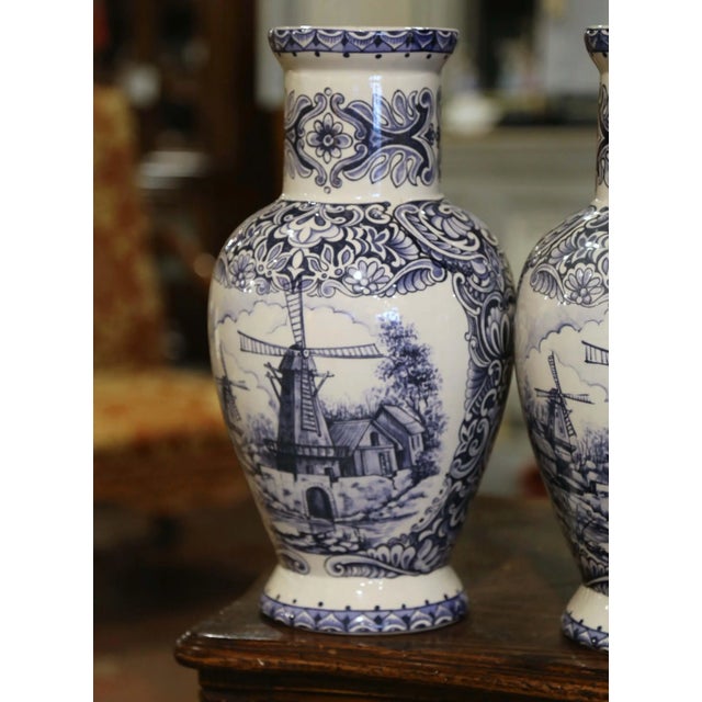 Traditional Pair of Early 20th Century Dutch Blue and White Hand Painted Faience Delft Vases For Sale - Image 3 of 12