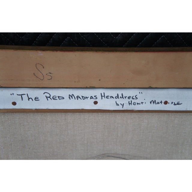 Red Late 20th Century The Red Madras Headdress Portrait Oil Painting After Henri Matisse Framed For Sale - Image 8 of 11
