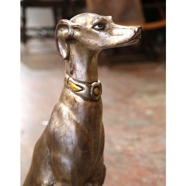 Vintage Italian Silvered Greyhound Dog Sculpture on Red Gilt Base For Sale In Dallas - Image 6 of 11