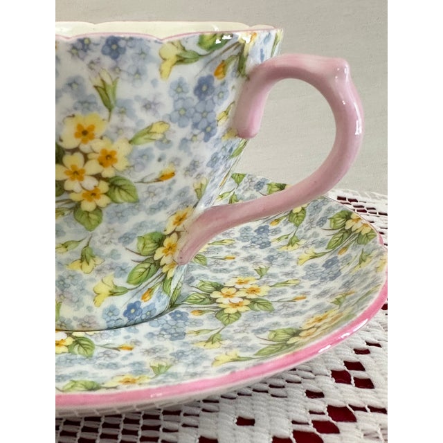 English Shelley Primrose Chintz Teacup and Saucer, Fine Vintage English Bone China For Sale - Image 3 of 8