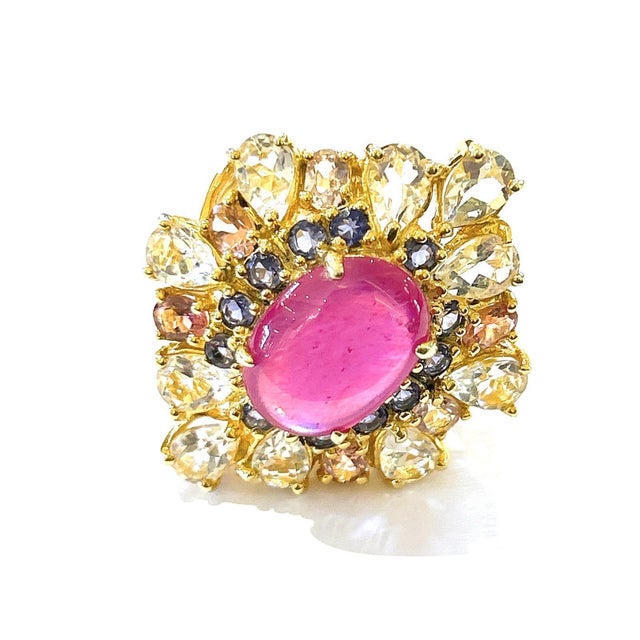 Bochic "Orient" Vintage Ruby & Fancy Multi Gem Cocktail Ring 18K Gold & Silver For Sale - Image 17 of 18