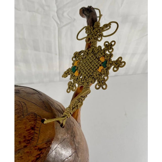 Wood Chinese Lanzhou Gourd Carving With Macrame Cord on Root Stand Sculpture. For Sale - Image 7 of 13