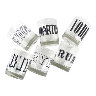 Vintage Typography Spirit Glasses, Low Ball Rocks, Cocktail Glass Set of 6 For Sale