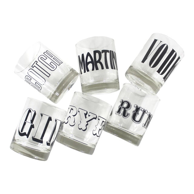 Vintage Typography Spirit Glasses, Low Ball Rocks, Cocktail Glass Set of 6 For Sale