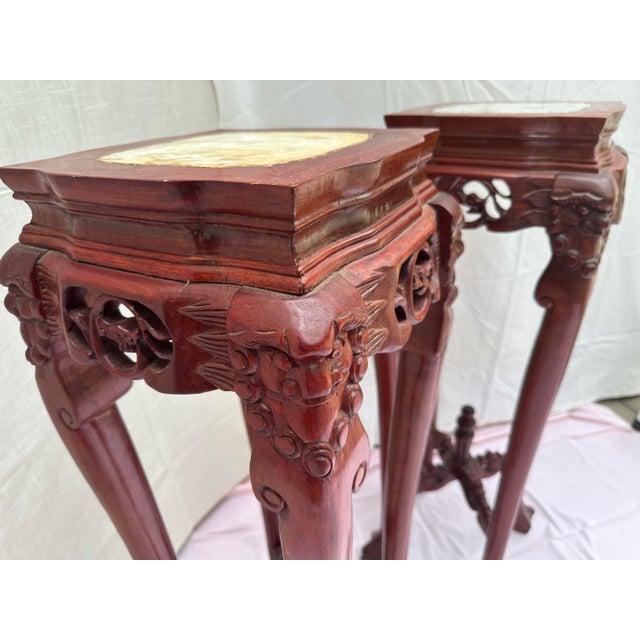 Mid 20th Century Pair of Vintage Solid Rosewood Chinese Carved Pedestal Display Stands With Natural Stone Tops – 39 Inches High For Sale - Image 5 of 5