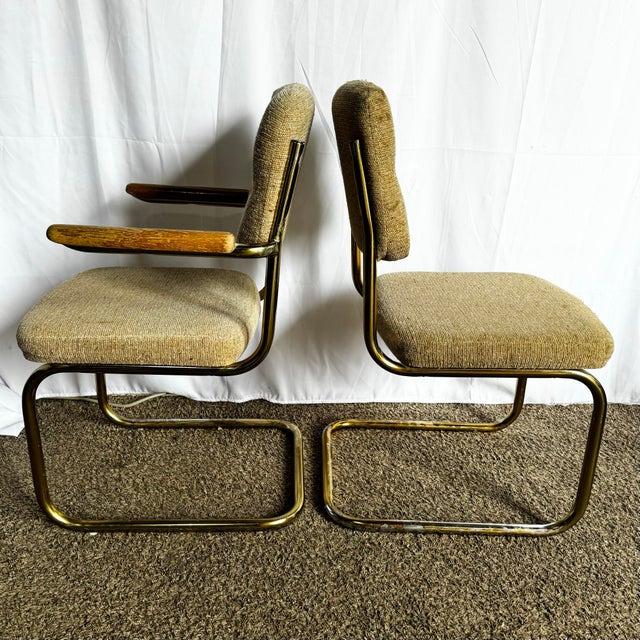 Mid-Century Modern Mid Century Modern Gold and Tufted Beige Cantilever Chairs - Set of 6 For Sale - Image 3 of 12