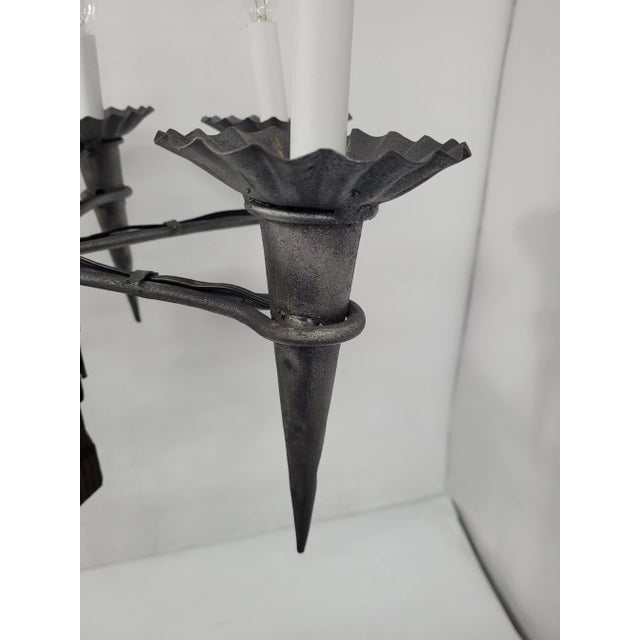 Spanish Revival 6-Light Iron & Wood Chandelier Gothic Arts & Crafts Rustic Castlecore Light For Sale - Image 4 of 15