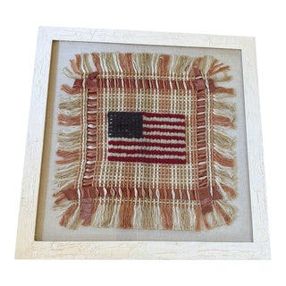 Vintage American Folk Art Fiber Textile Flag, Framed, 29” Square For Sale