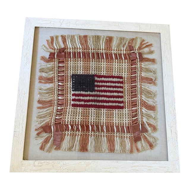 Vintage American Folk Art Fiber Textile Flag, Framed, 29” Square For Sale