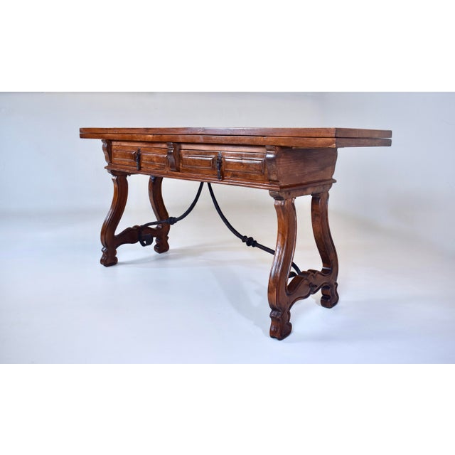 Spanish 20th Century Spanish Fold Out Dining and Console Table With Iron Stretcher and Two Drawers For Sale - Image 3 of 17