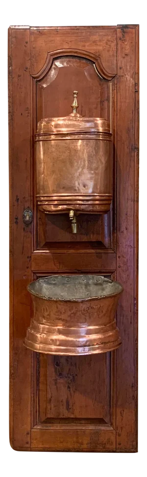 18th Century French Brass Lavabo Fountain From Normandy on Carved Cherry Door