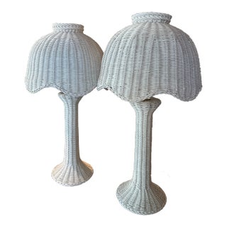 Vintage Palm Beach Pair White Wicker Scalloped Table Lamps Shades Newly Wired For Sale