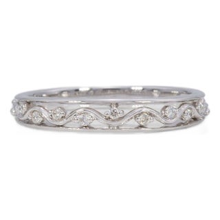 Natural Diamond Band in Solid 14k Gold | Vintage Scroll Design Diamond Ring, Size 6.75 For Sale