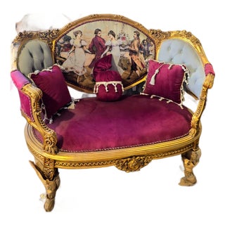 French Velvet Loveseat With Romantic Ballroom Tapestry & Hand-Gilded Gold Leaf Frame For Sale