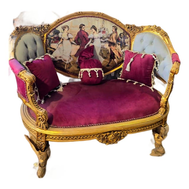 French Velvet Loveseat With Romantic Ballroom Tapestry & Hand-Gilded Gold Leaf Frame For Sale