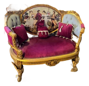 French Velvet Loveseat With Romantic Ballroom Tapestry & Hand-Gilded Gold Leaf Frame