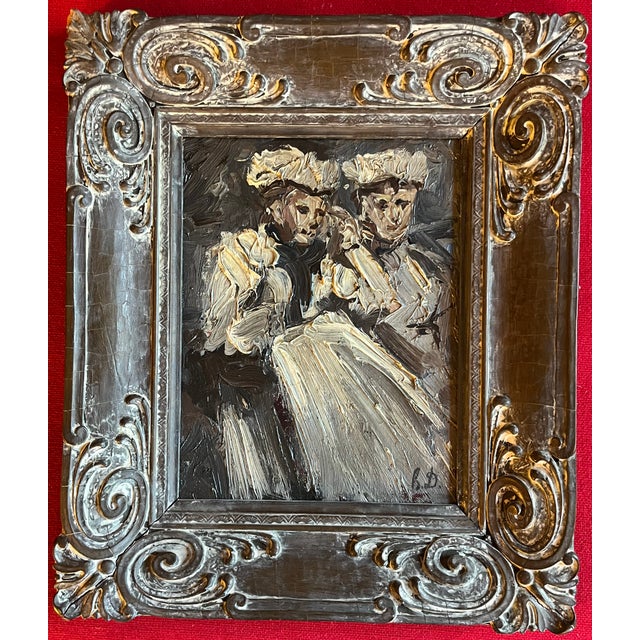 Paint Antique 19th Century Continental Impressionist Oil Painting Portrait of Two Women in White Dresses For Sale - Image 7 of 12