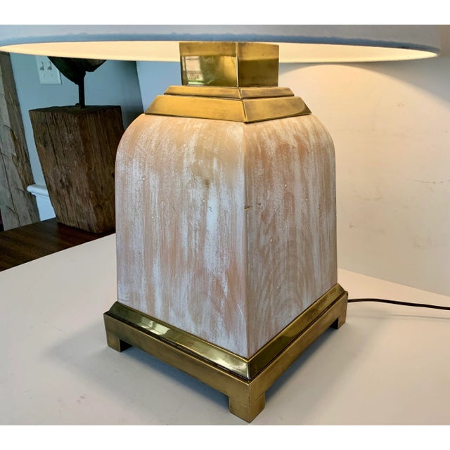Vintage 1980s White Washed Wood and Brass Square Lamp With Shade For Sale - Image 10 of 12
